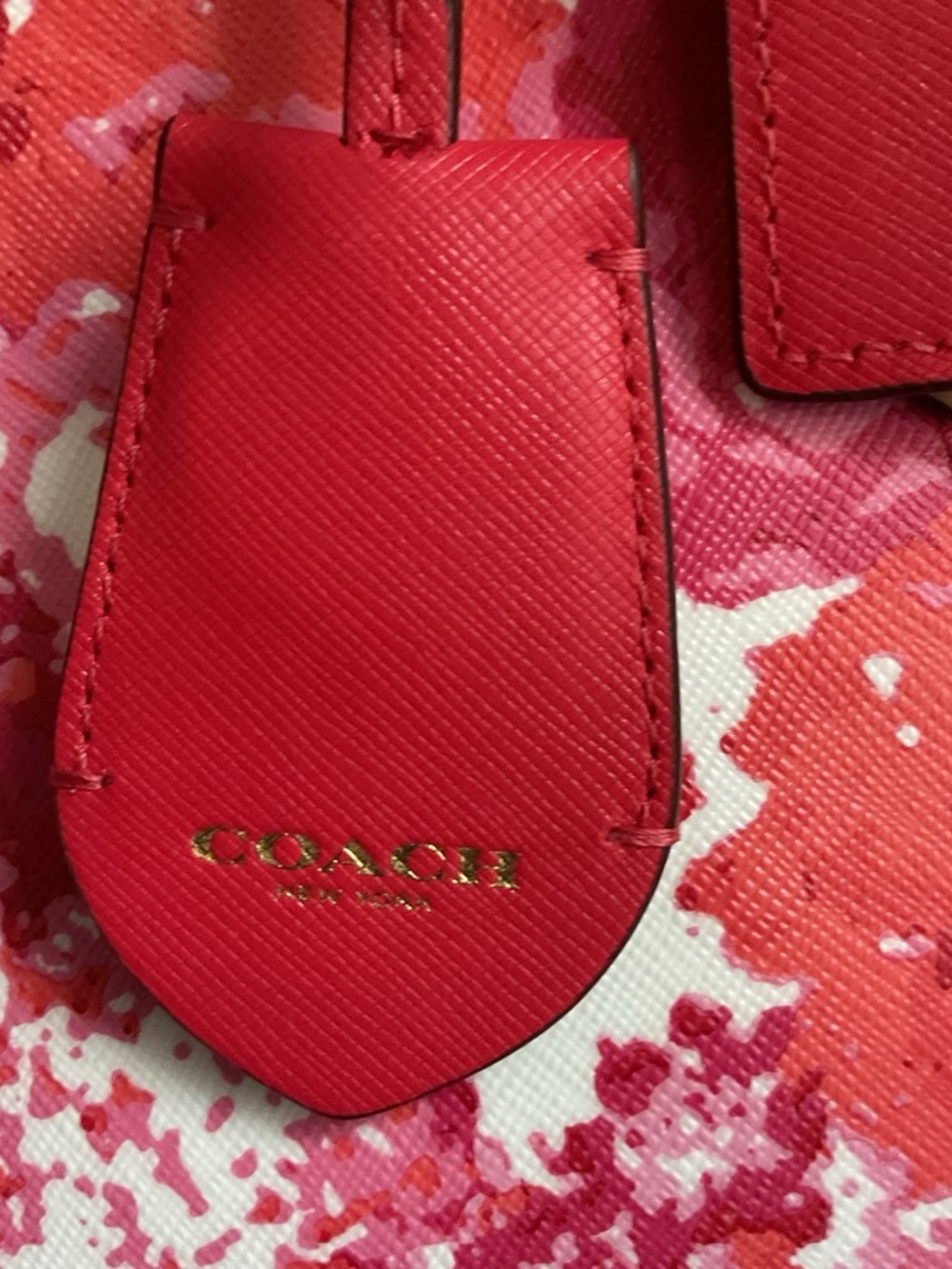 Coach Pink Red Floral Print Tote with Tan Straps - Picture 3 of 9